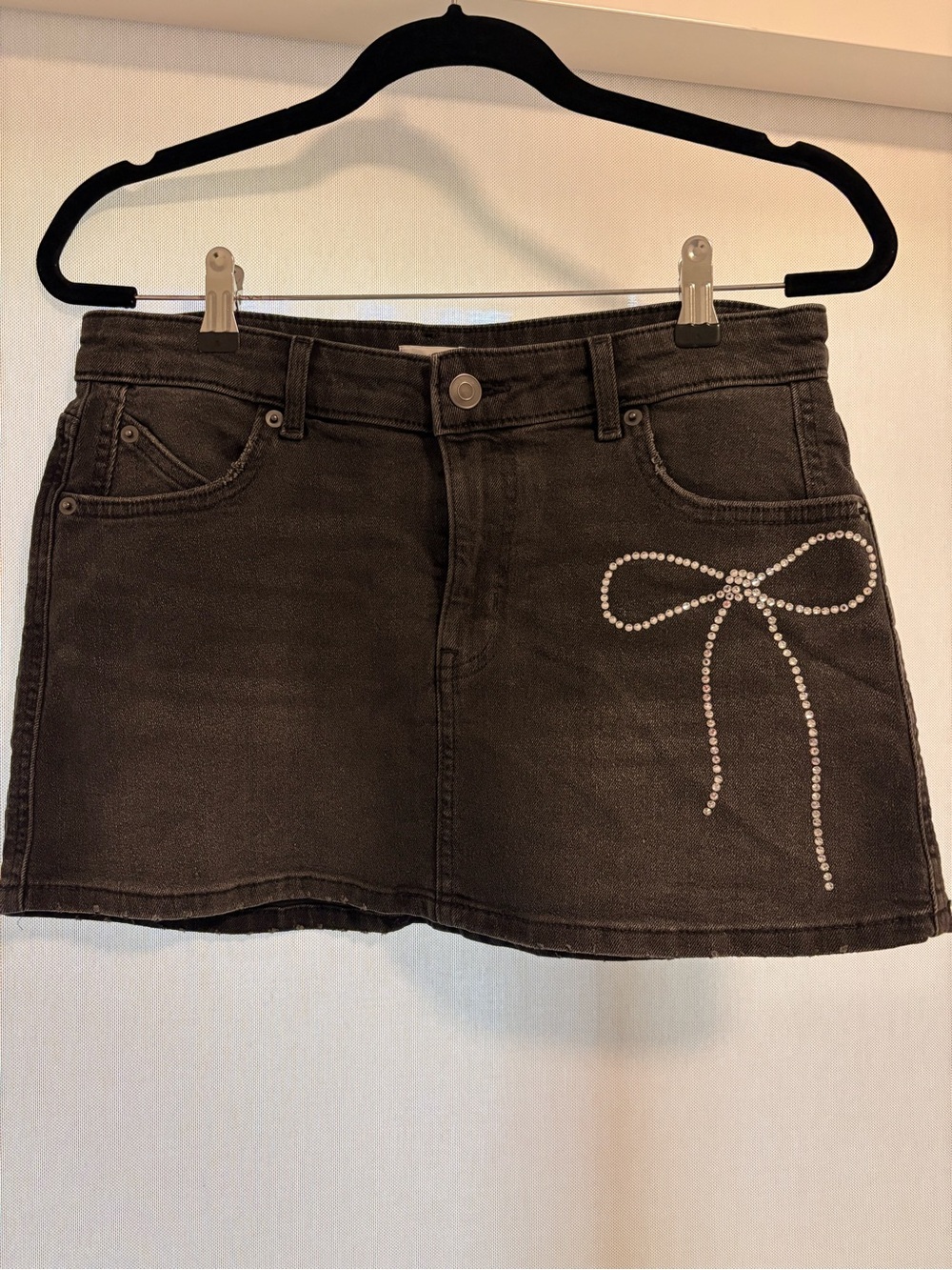 Rhinestone Bow Black Denim Mini Skirt